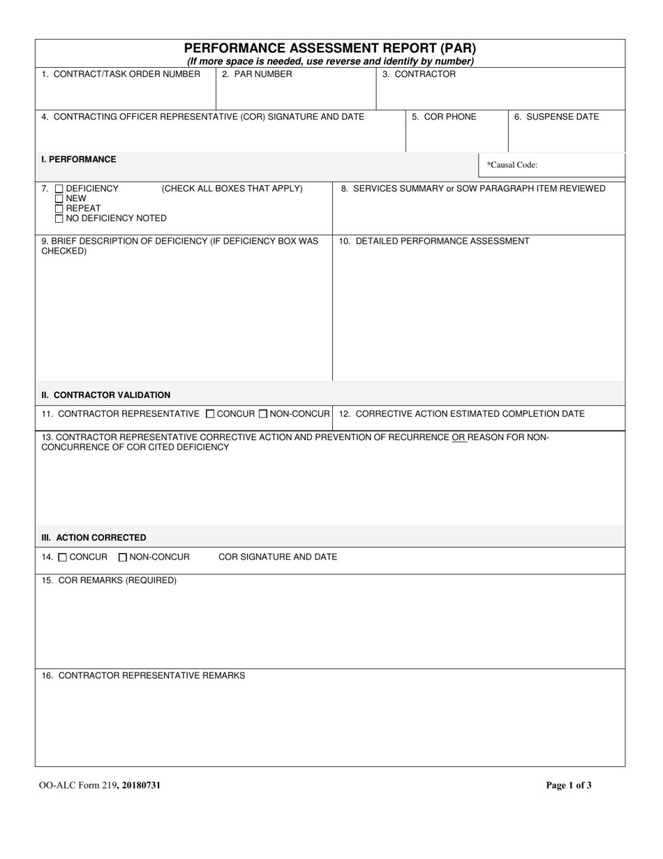 OO-ALC Form 219 Performance Assessment Report (Par), Page 1