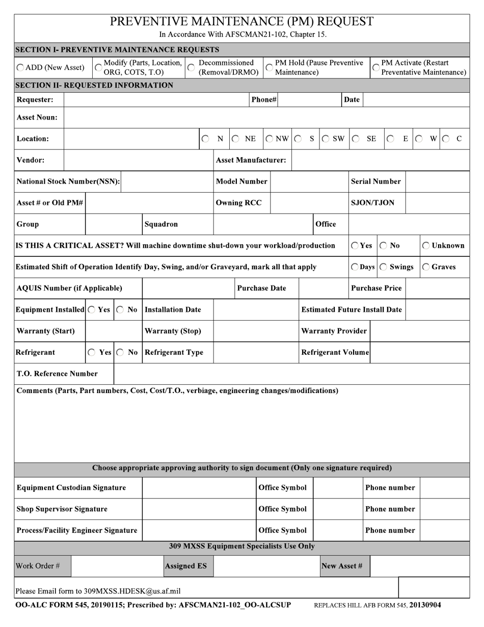 OO-ALC Form 545 Preventive Maintenance (Pm) Request, Page 1