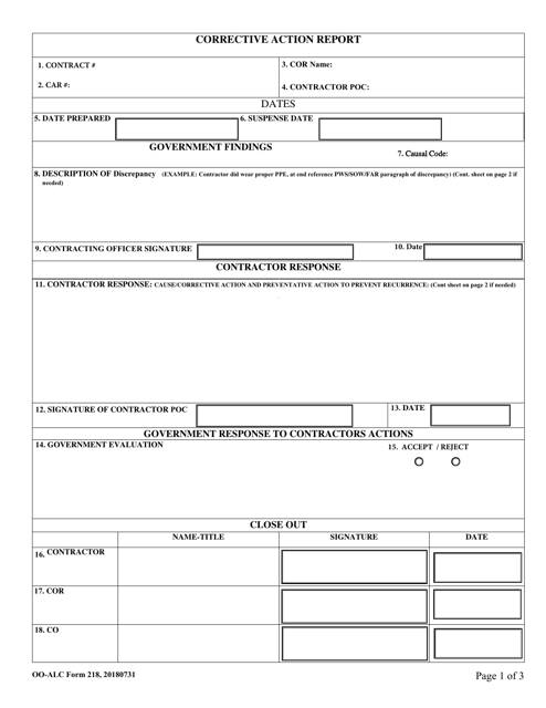 OO-ALC Form 218  Printable Pdf