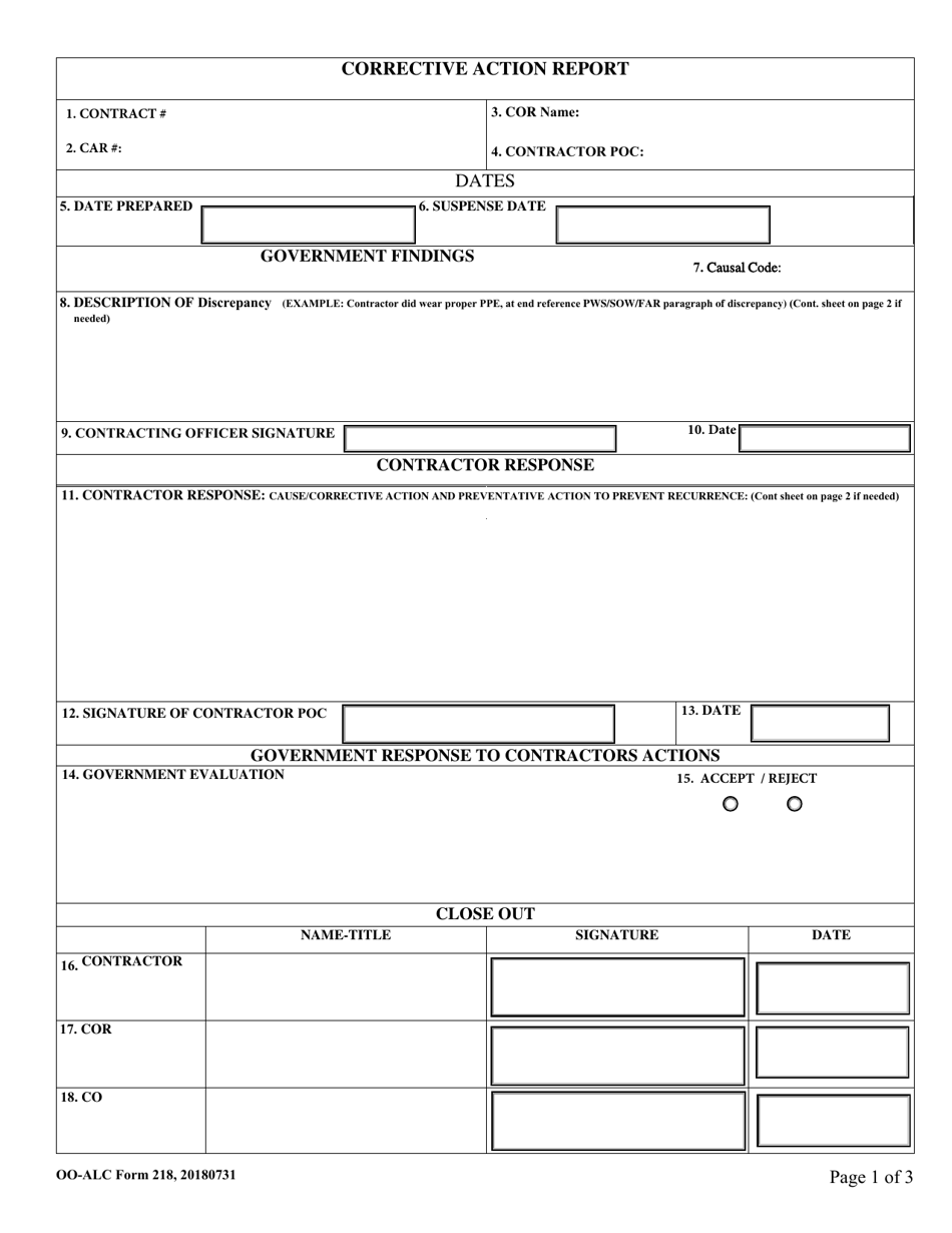 OO-ALC Form 218 Corrective Action Report, Page 1