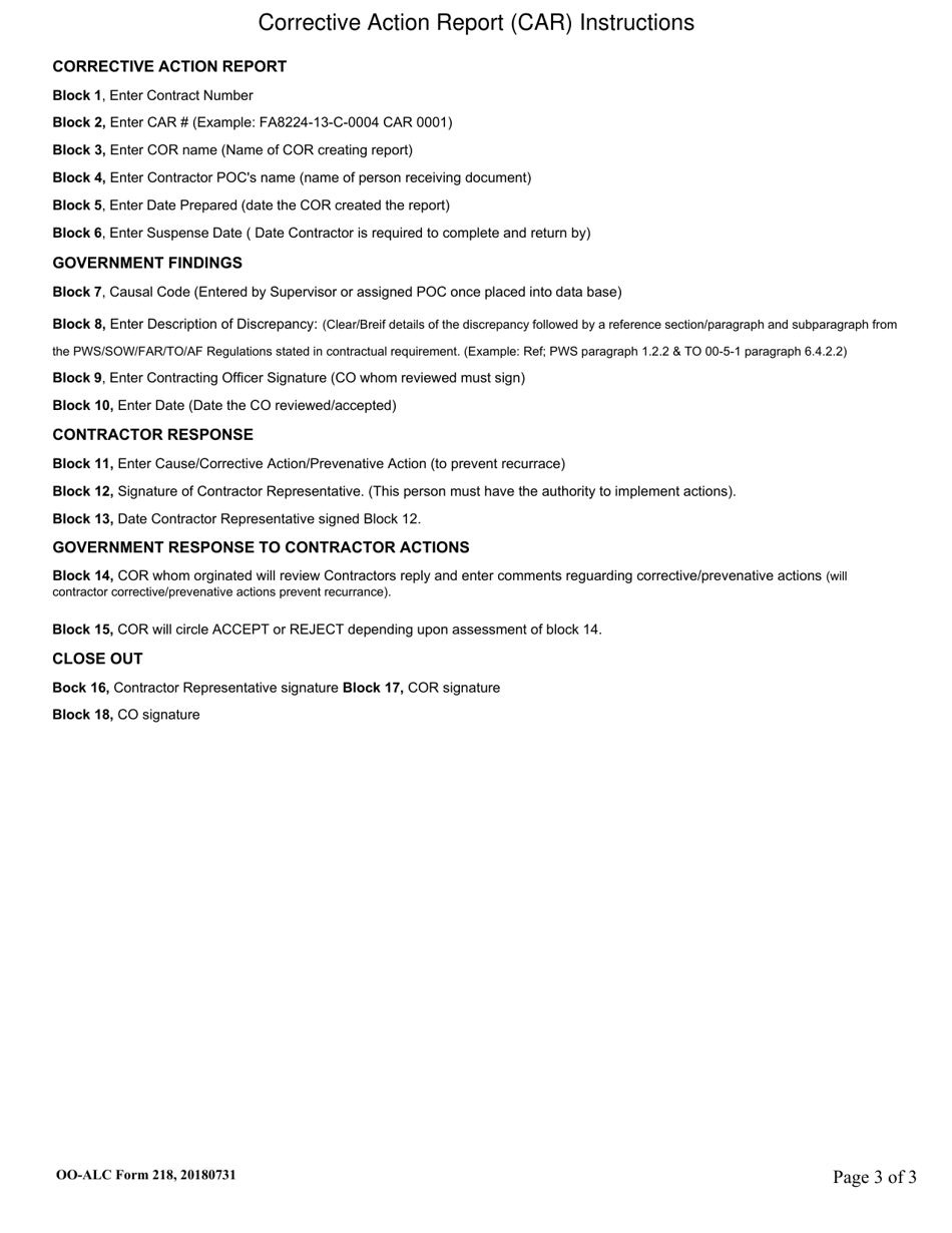 OO-ALC Form 218 Corrective Action Report, Page 3