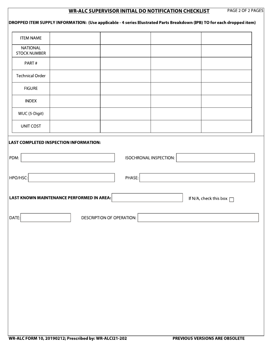 WR-ALC Form 10 Wr-Alc Supervisor Initial Dropped Object (Do) Notification Checklist, Page 2