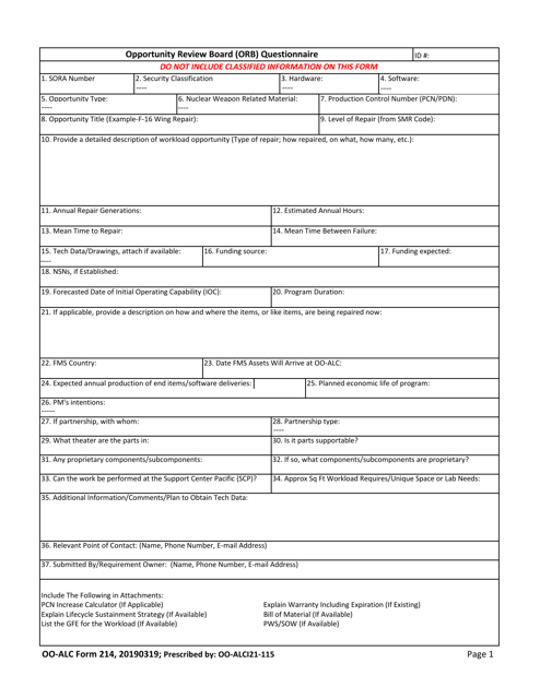 OO-ALC Form 214 Opportunity Review Board (Orb) Questionnaire