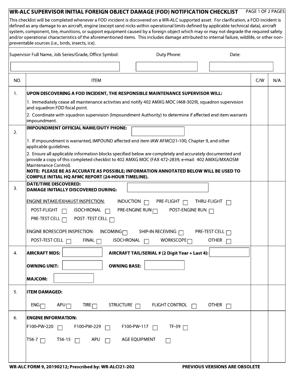 WR-ALC Form 9 Wr-Alc Supervisor Initial Foreign Object Damage (Fod) Notification Checklist, Page 1