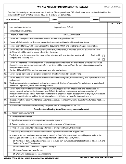 WR-ALC Form 6A Wr-Alc Aircraft Impoundment Checklist