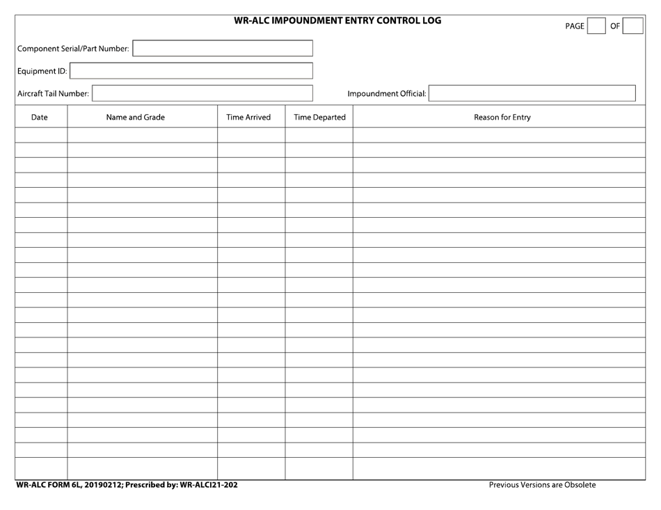 WR-ALC Form 6L Wr-Alc Impoundment Entry Control Log, Page 1