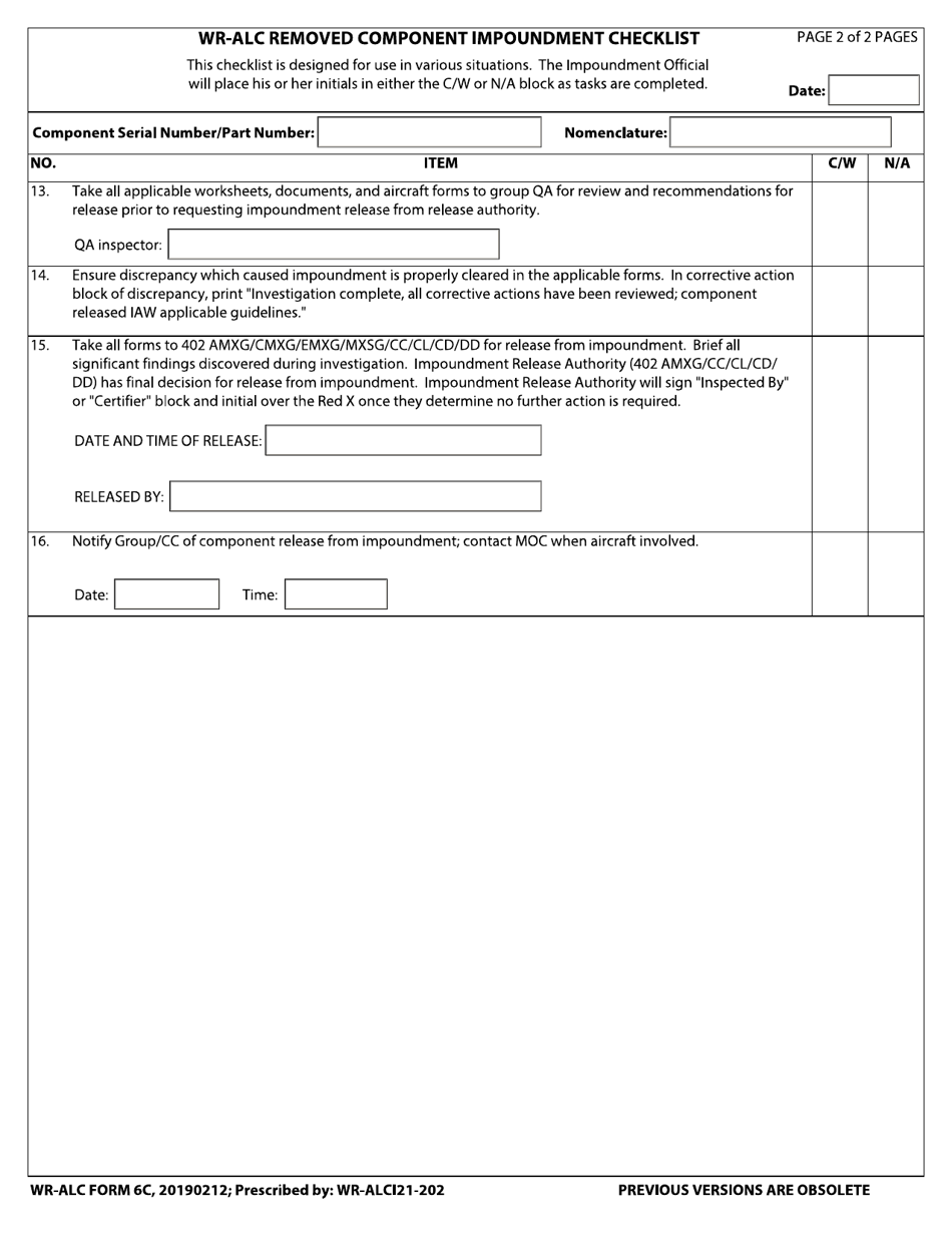 WR-ALC Form 6C Wr-Alc Removed Component Impoundment Checklist, Page 2