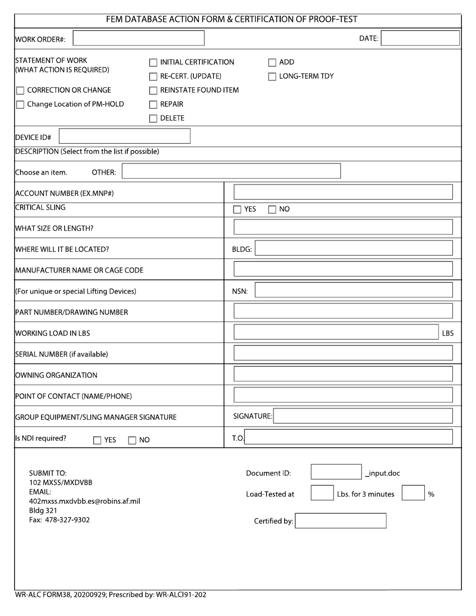 WR-ALC Form 38 Fem Database Action Form  Certification of Proof-Test, Page 1