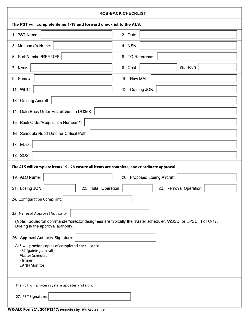WR-ALC Form 21 Rob-Back Checklist, Page 1
