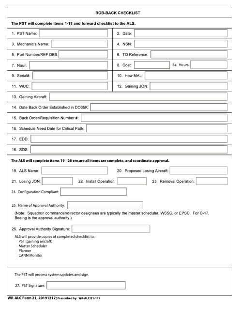 WR-ALC Form 21 Rob-Back Checklist