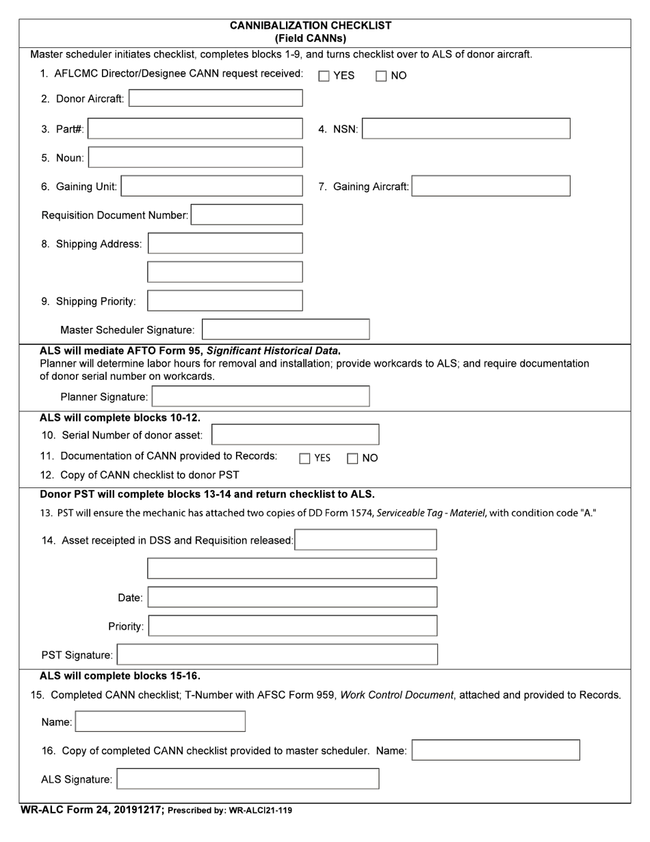 WR-ALC Form 24 Cannibalization Checklist (Field Canns), Page 1