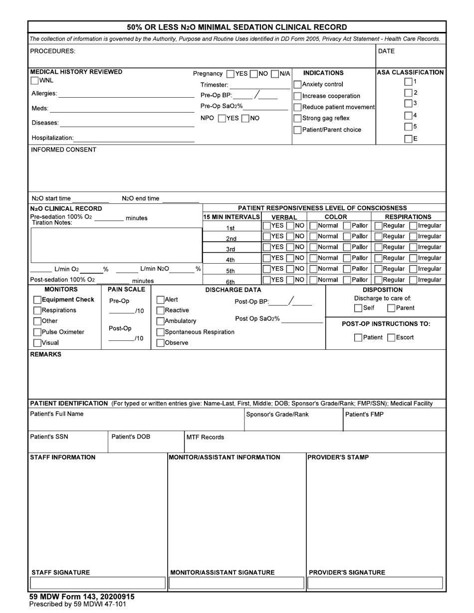 59 MDW Form 143 50% or Less N20 Minimal Sedation Clinical Record, Page 1