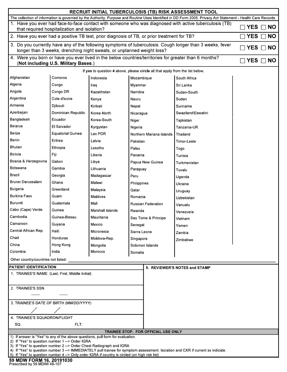 59 MDW Form 16 Recruit Initial Tuberculosis (Tb) Risk Assessment Tool, Page 1
