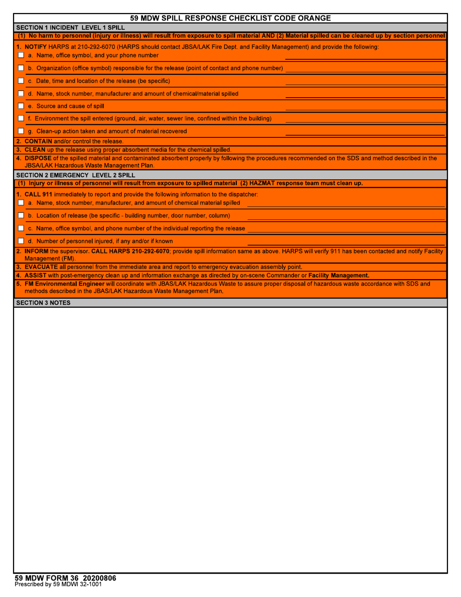 59 MDW Form 36 59 Mdw Spill Response Checklist Code Orange, Page 1