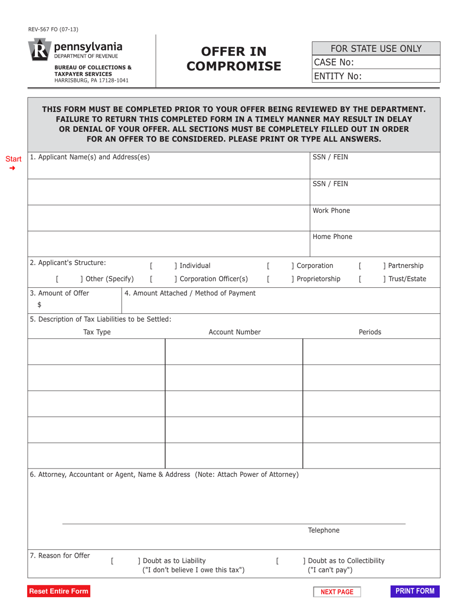 Form REV-567 Offer in Compromise - Pennsylvania, Page 1