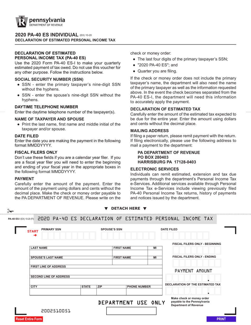 Form PA-40 ES Declaration of Estimated Personal Income Tax - Pennsylvania, Page 1