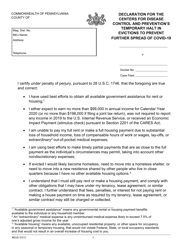 Document preview: Form MDJS310 C Declaration for the Centers for Disease Control and Prevention's Temporary Halt in Evictions to Prevent Further Spread of Covid-19 - Pennsylvania