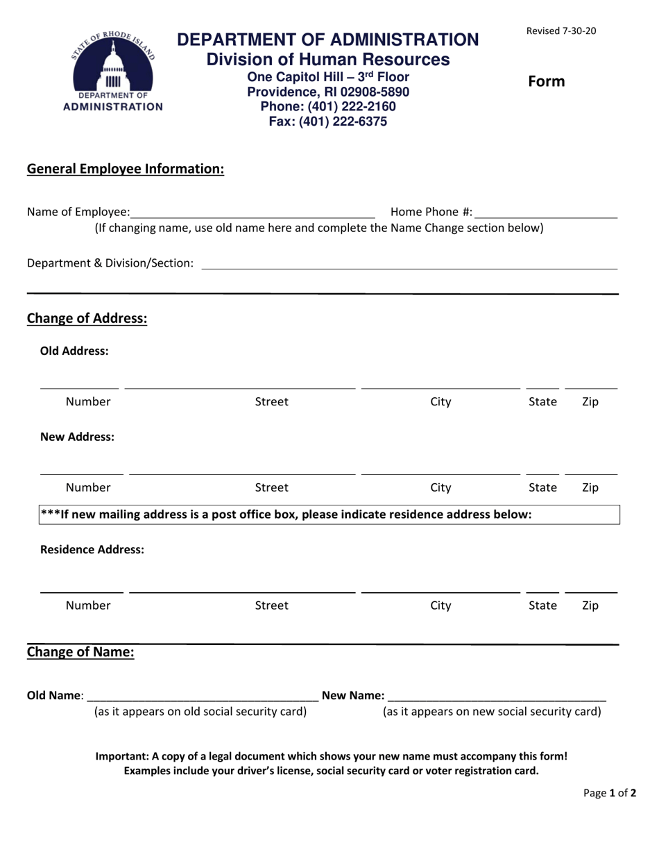 Change of Address, Name and Marital Status Form - Rhode Island, Page 1