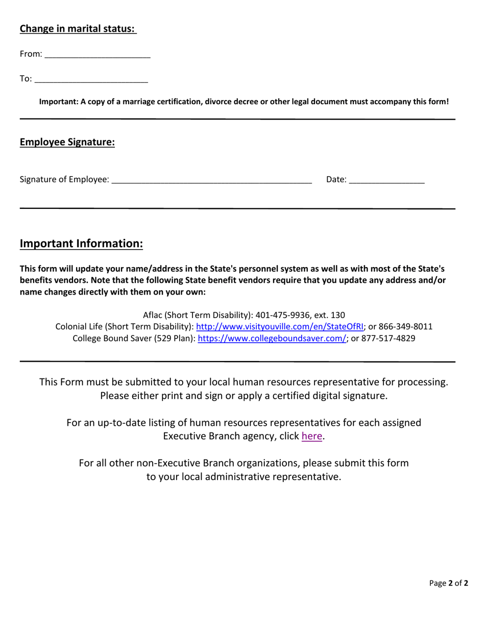 Change of Address, Name and Marital Status Form - Rhode Island, Page 2
