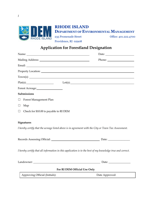 Application for Forestland Designation - Rhode Island