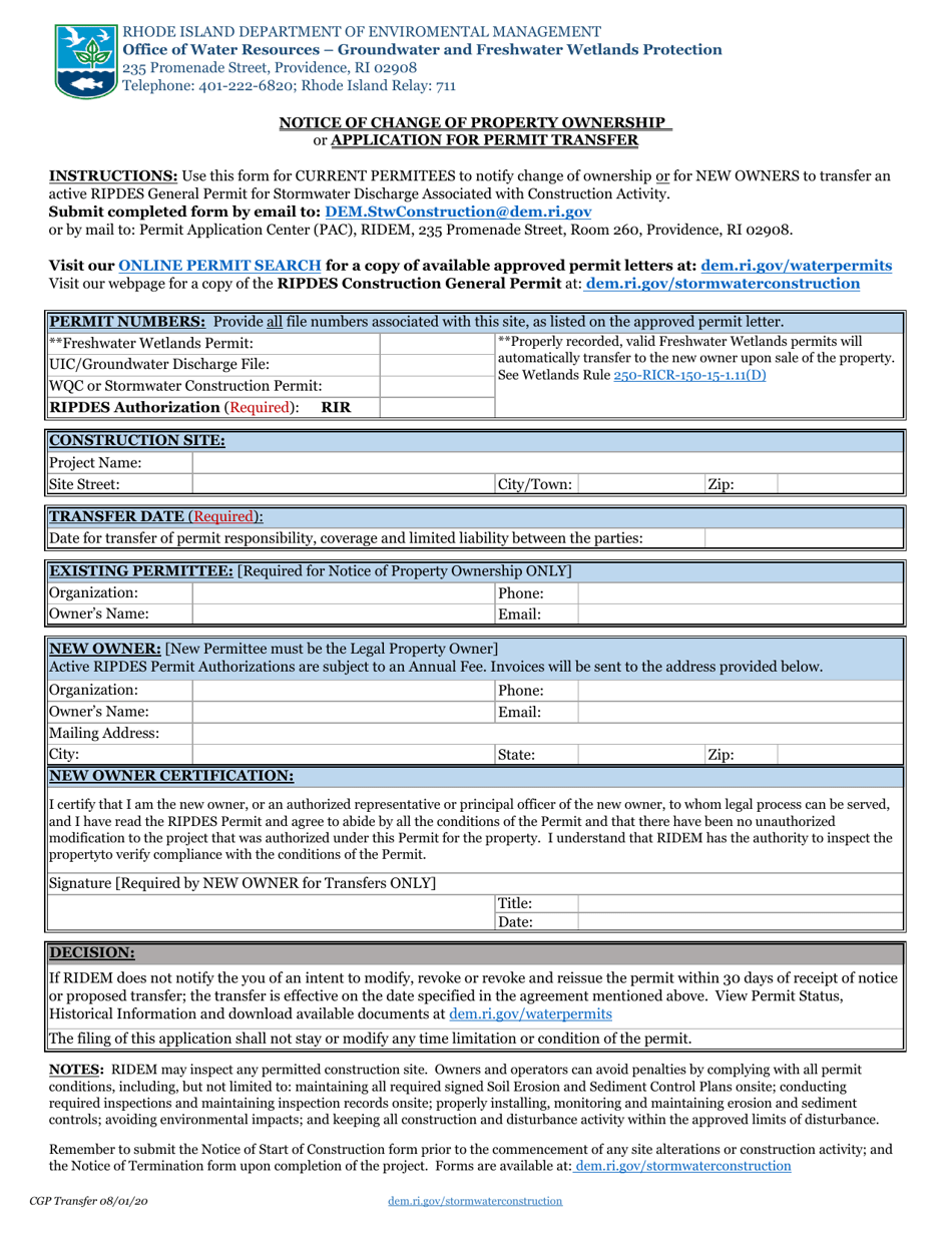 Notice of Change of Property Ownership or Application for Permit Transfer - Rhode Island, Page 1