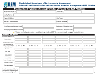 Document preview: Standardized Tightness Testing Form for Usts and Product Pipelines - Rhode Island
