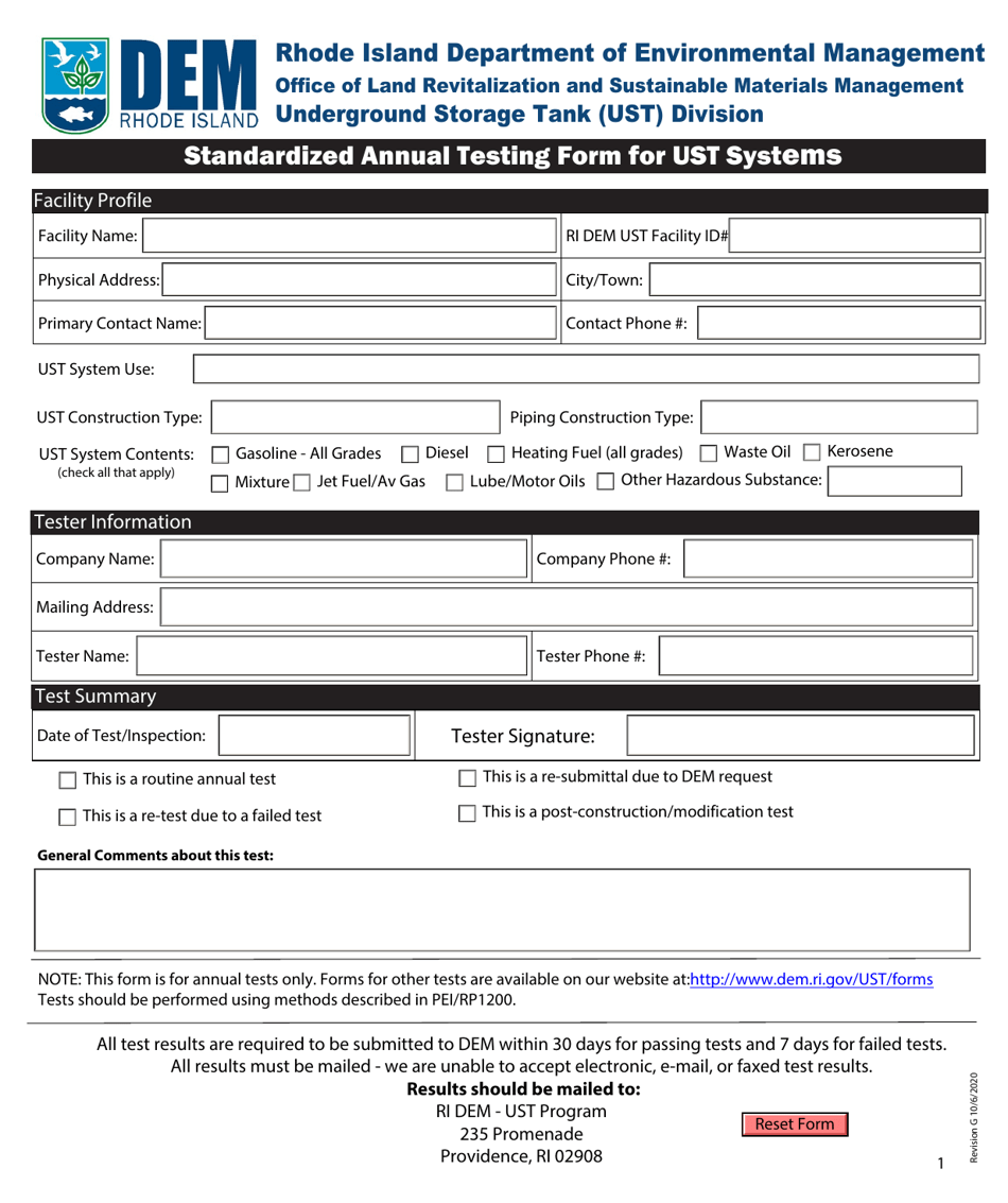 Standardized Annual Testing Form for Ust Systems - Rhode Island, Page 1