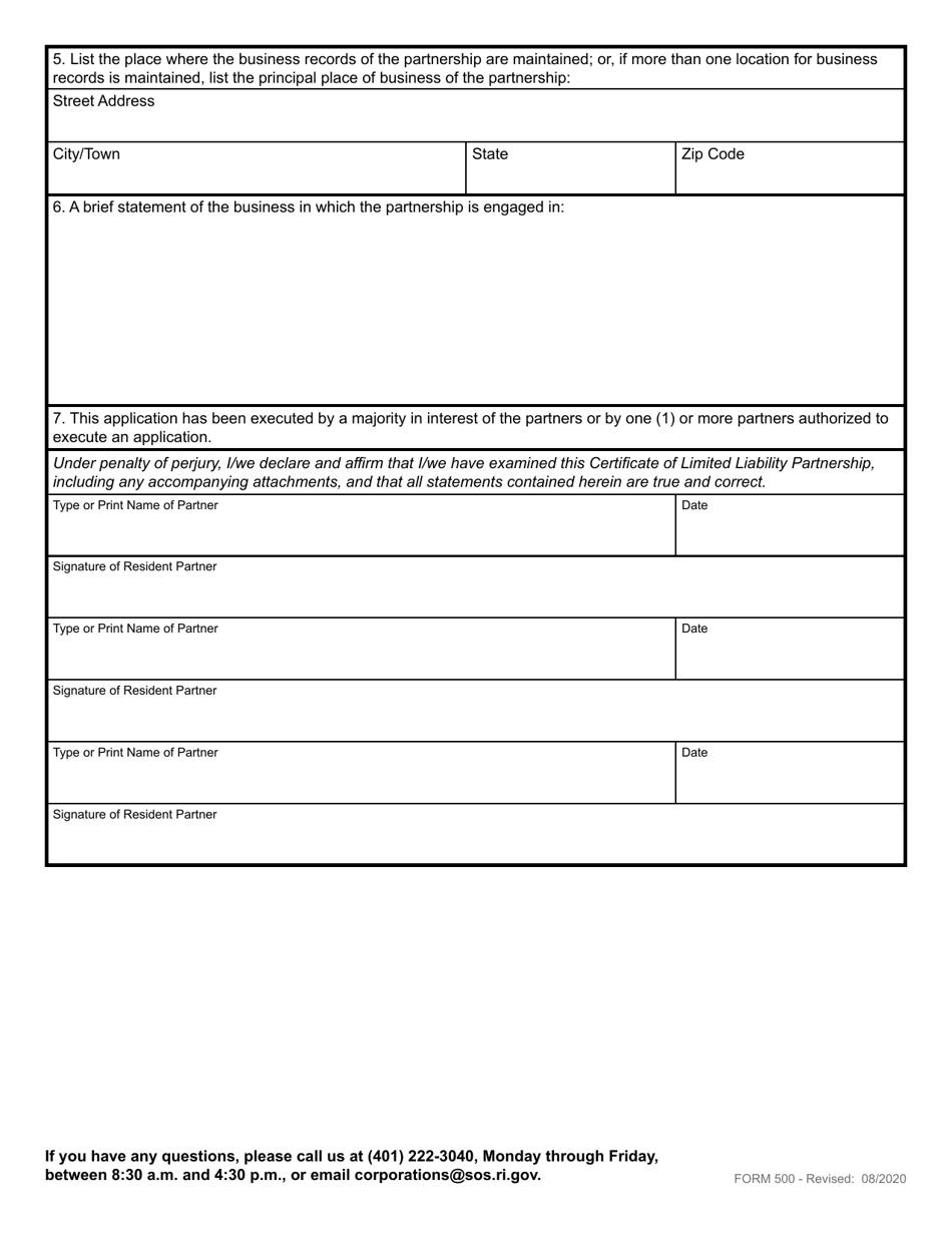 Form 500 Registration of Limited Liability Partnership - Domestic Limited Liability Partnership - Rhode Island, Page 3
