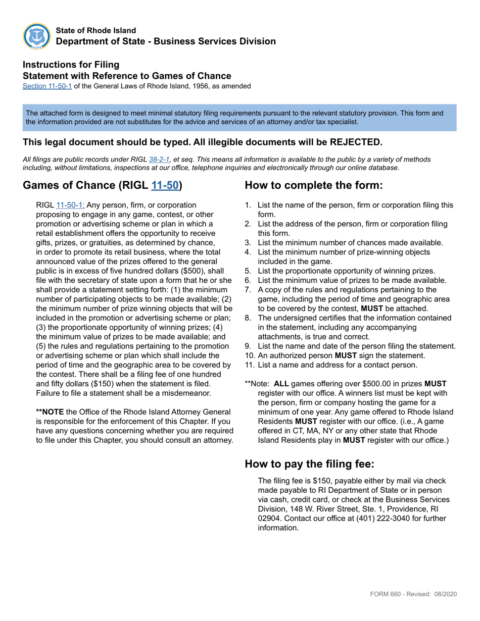 Form 660 Statement With Reference to Games of Chance - Rhode Island, Page 1