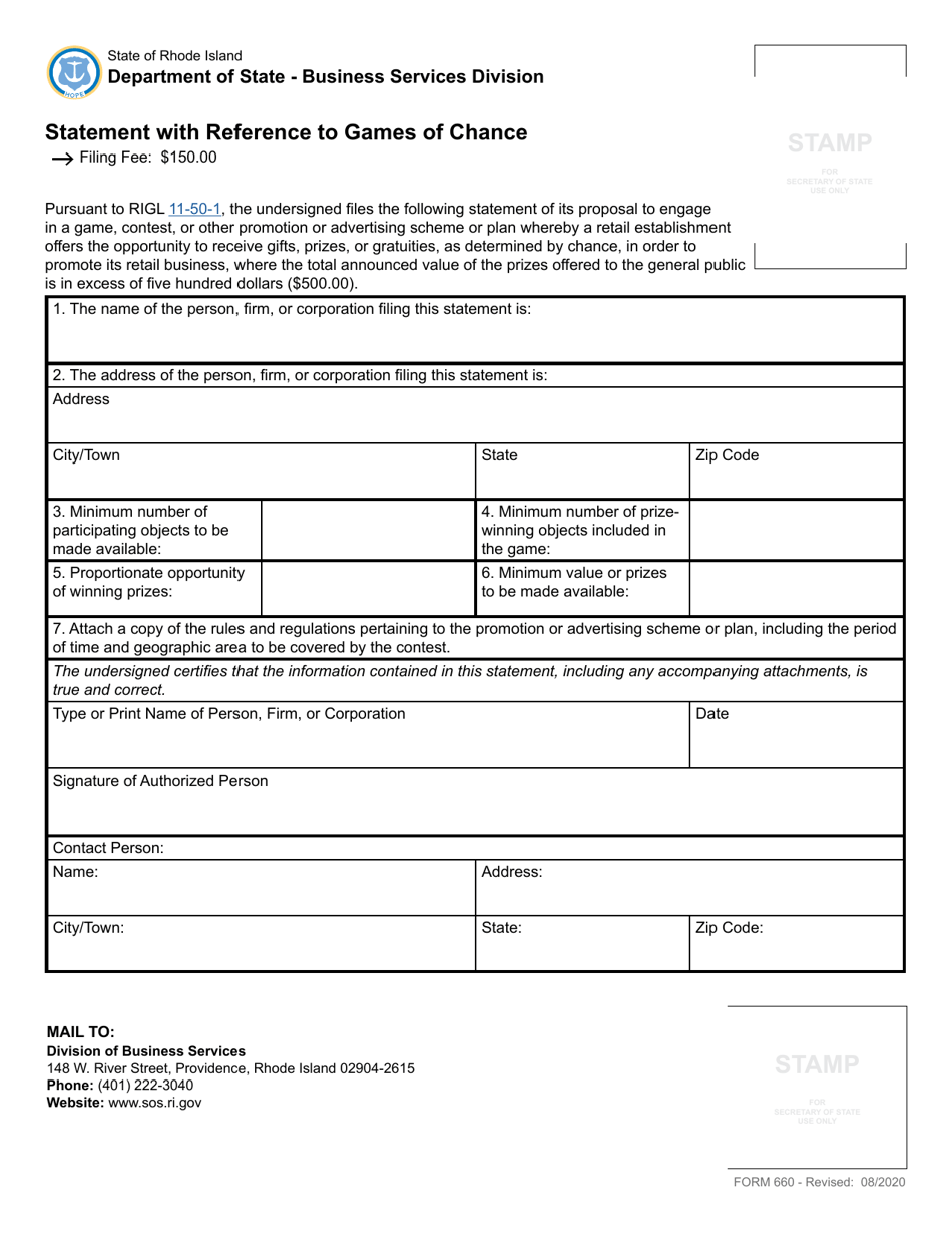 Form 660 Statement With Reference to Games of Chance - Rhode Island, Page 2