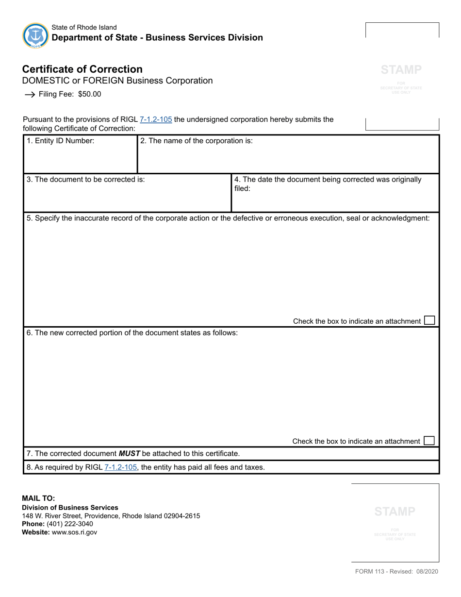 Form 113 Certificate of Correction - Domestic or Foreign Business Corporation - Rhode Island, Page 2