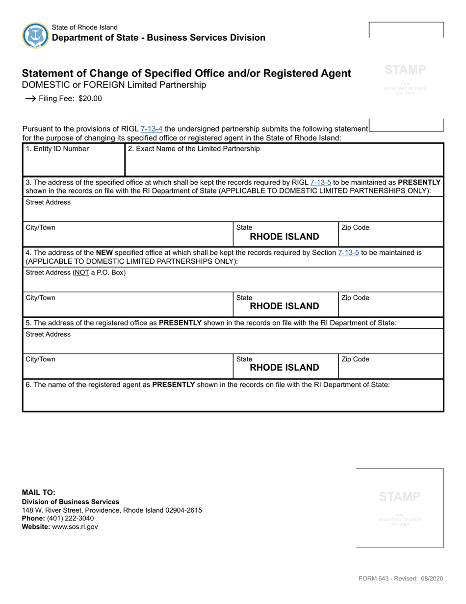 Form 643 Statement of Change of Specified Office and / or Registered Agent - Domestic or Foreign Limited Partnership - Rhode Island, Page 2
