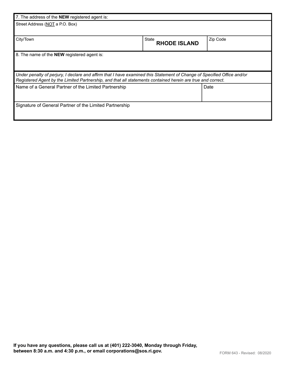 Form 643 Statement of Change of Specified Office and / or Registered Agent - Domestic or Foreign Limited Partnership - Rhode Island, Page 3