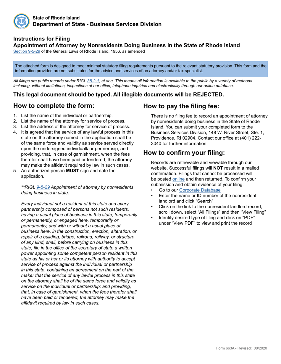 Form 663A Application for Appointment of Attorney by Nonresidents Doing Business in the State of Rhode Island - Rhode Island, Page 1