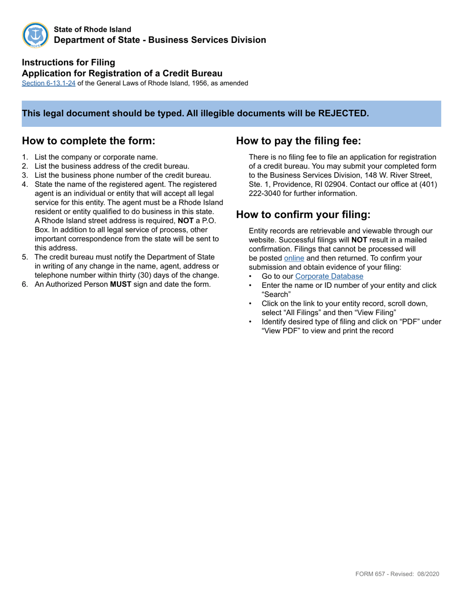 Form 657 Application for Registration of a Credit Bureau - Rhode Island, Page 1