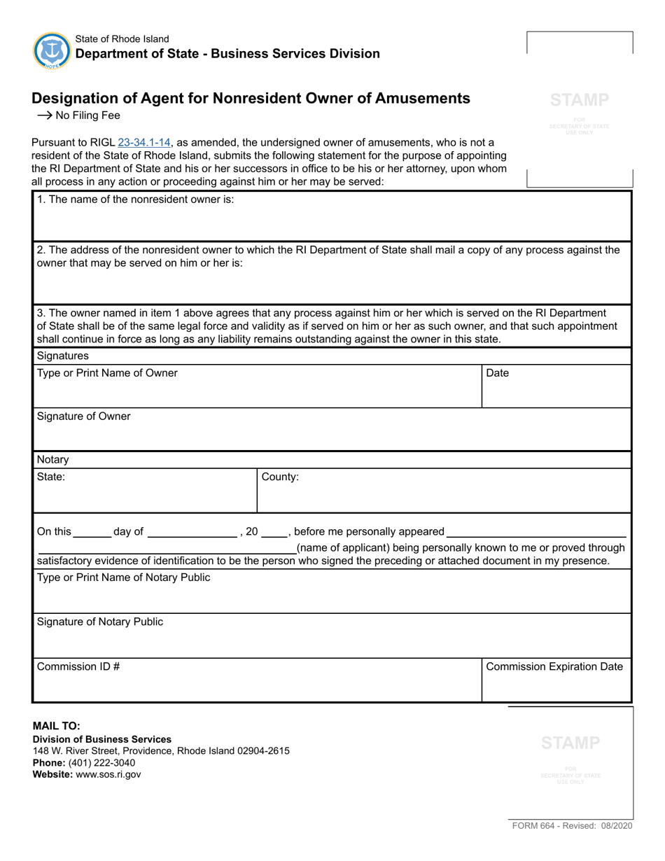 Form 664 Designation of Agent for Nonresident Owner of Amusements - Rhode Island, Page 2