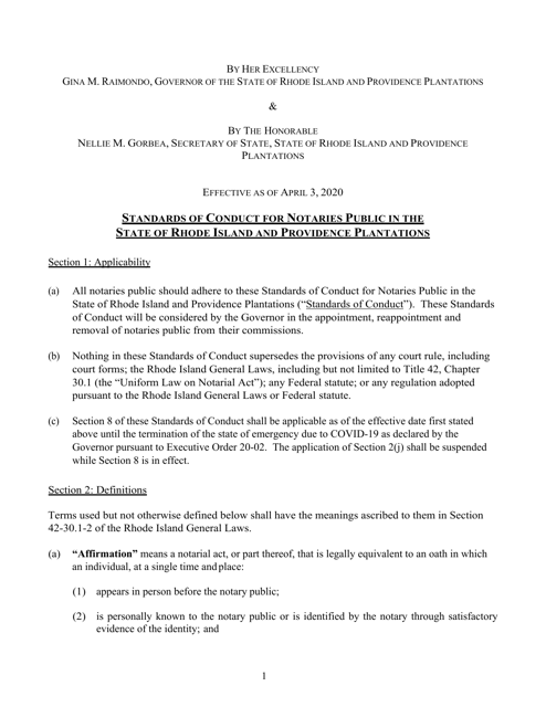 Standards of Conduct for Notaries Public in the State of Rhode Island and Providence Plantations - Rhode Island Download Pdf