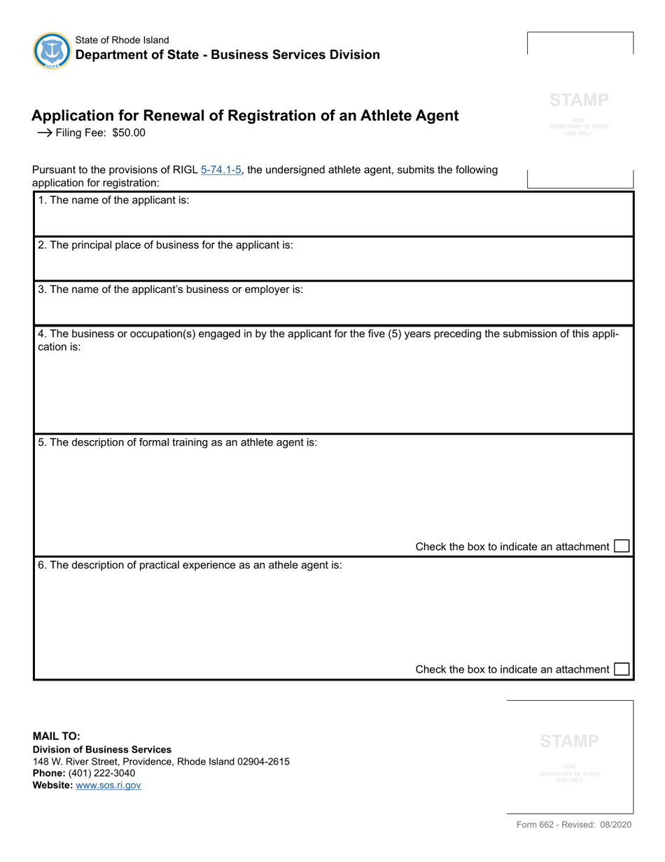 Form 662 Application for Renewal of Registration of an Athlete Agent - Rhode Island, Page 2