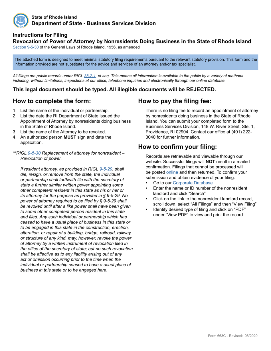 Form 663C Application for Revocation of Attorney by Nonresidents Doing Business in the State of Rhode Island - Rhode Island, Page 1