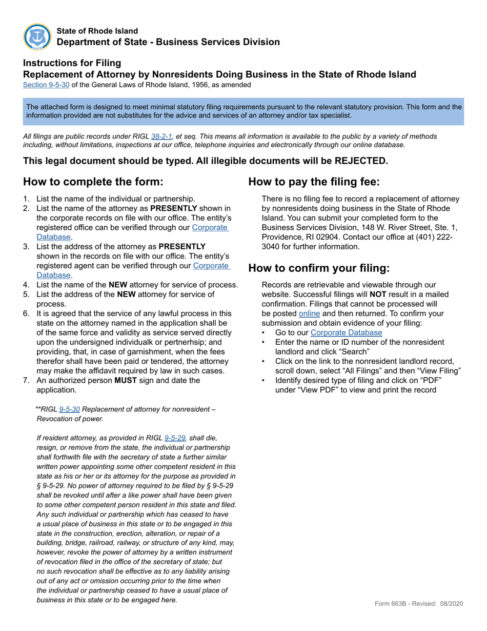 Form 663B Application for Replacement of Attorney by Nonresidents Doing Business in the State of Rhode Island - Rhode Island, Page 1