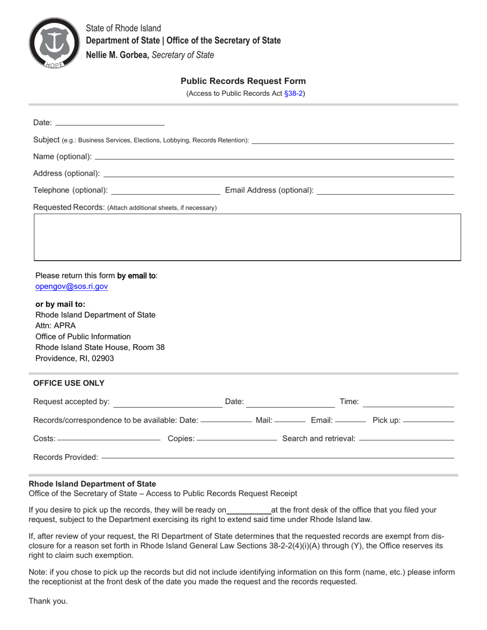Public Records Request Form - Rhode Island, Page 1