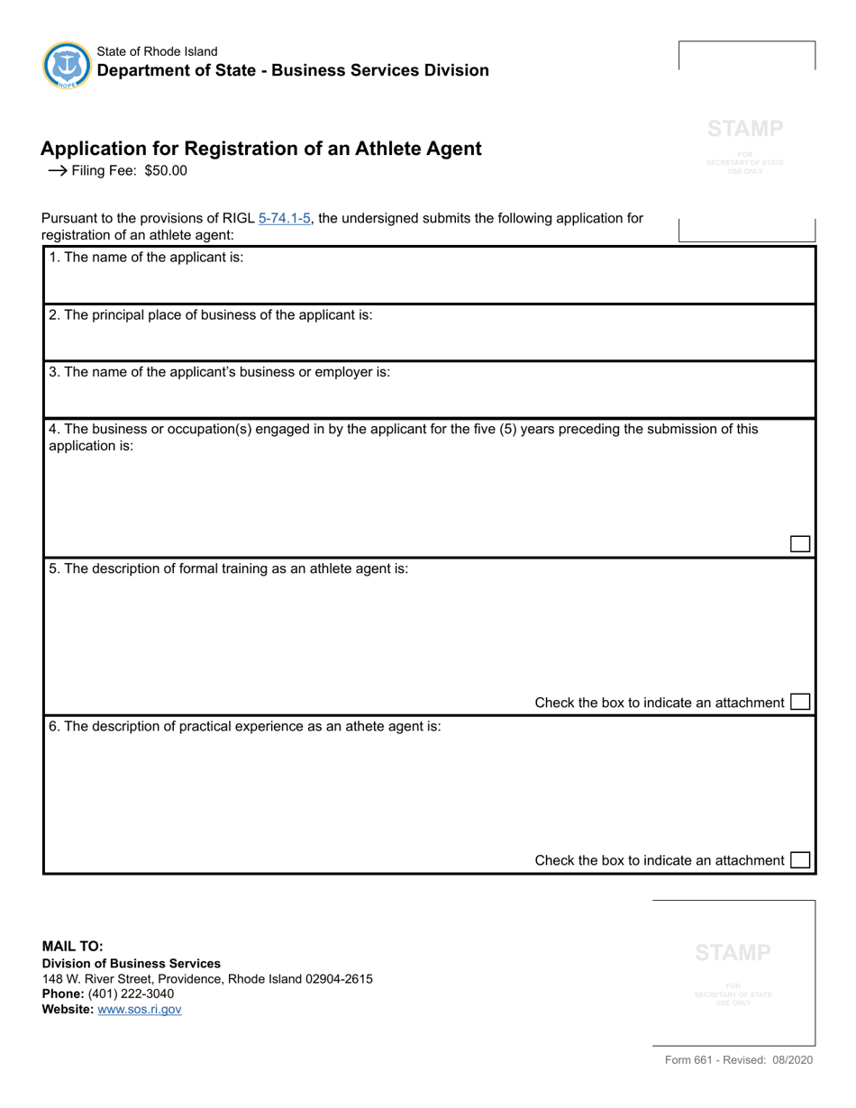 Form 661 Application for Registration of an Athlete Agent - Rhode Island, Page 2