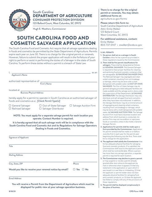 CPD Form 598 South Carolina Food and Cosmetic Salvager Application - South Carolina