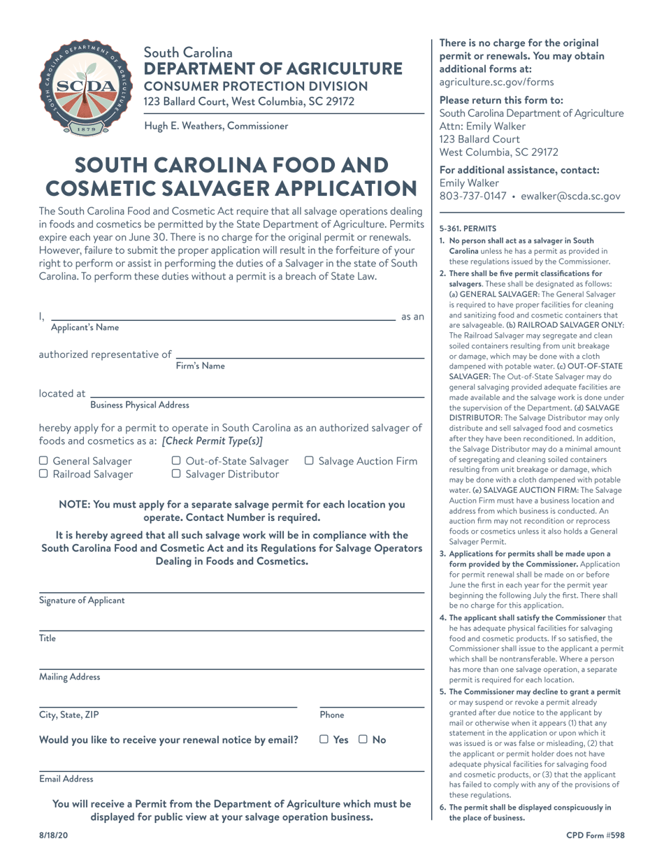 CPD Form 598 South Carolina Food and Cosmetic Salvager Application - South Carolina, Page 1