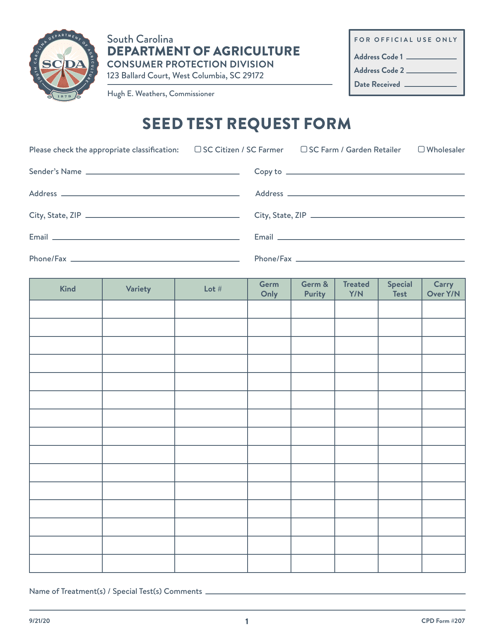 CPD Form 207 Seed Test Request Form - South Carolina