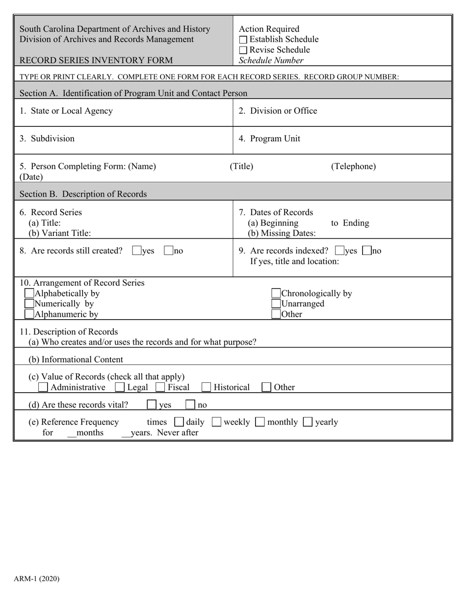 Form ARM-1 Record Series Inventory Form - South Carolina, Page 1