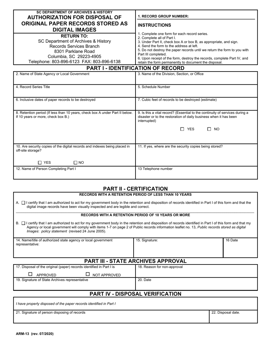 Form ARM-13 Authorization for Disposal of Original Paper Records Stored as Digital Images - South Carolina, Page 1
