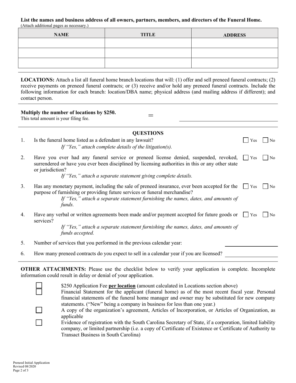 Preneed Funeral Contract Provider Initial Application - South Carolina, Page 2