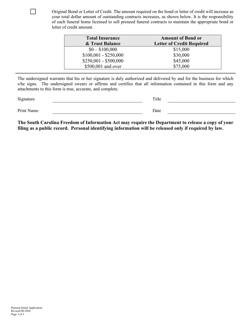 Preneed Funeral Contract Provider Initial Application - South Carolina, Page 3