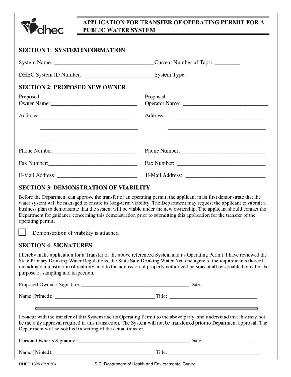 DHEC Form 1329 Application for Transfer of Operating Permit for a Public Water System - South Carolina, Page 1